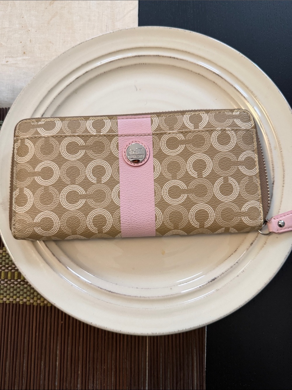 Coach Beige Signature Canvas Wallet with Pink Leather Stripe